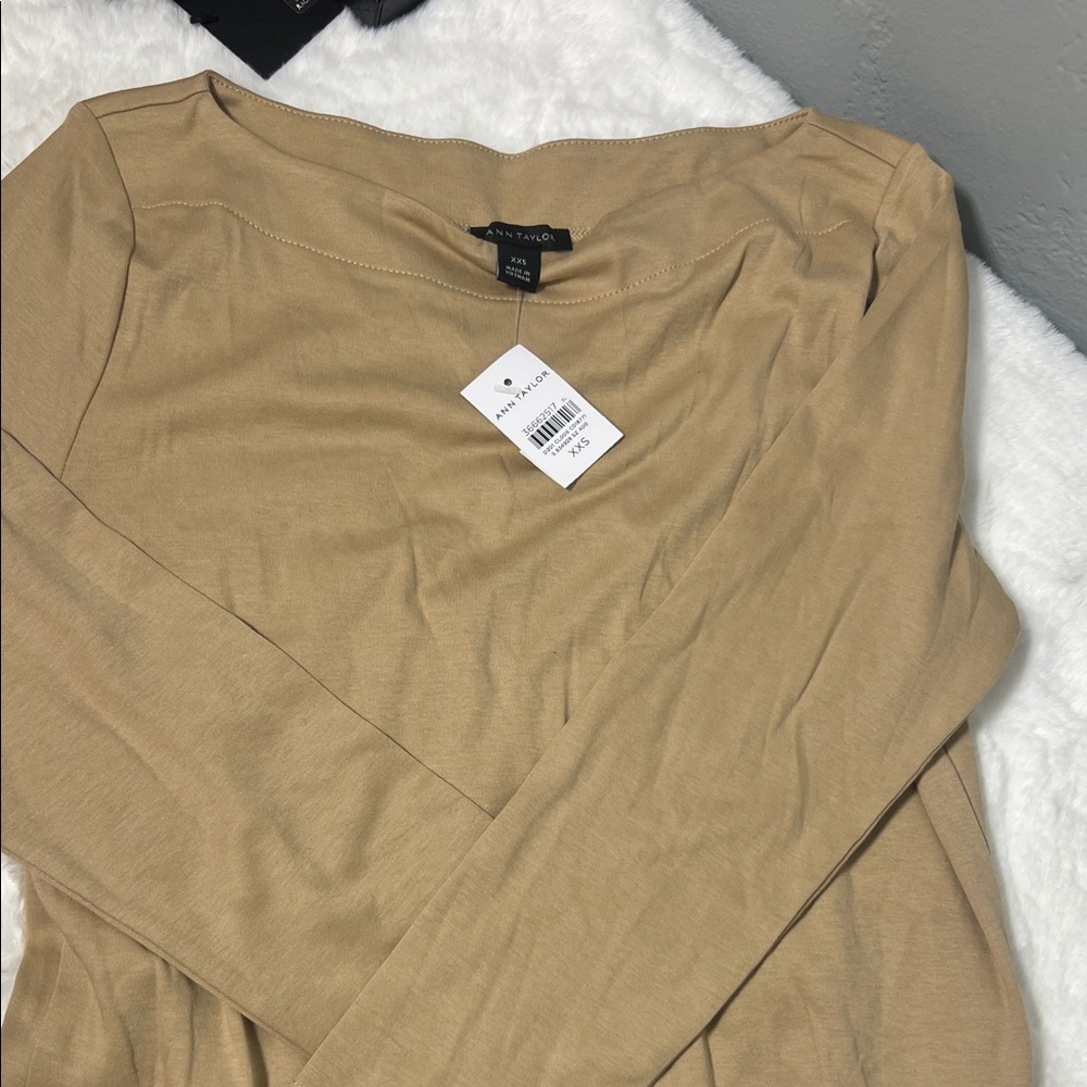 Ann Taylor Camel Boatneck Long Sleeve Top
